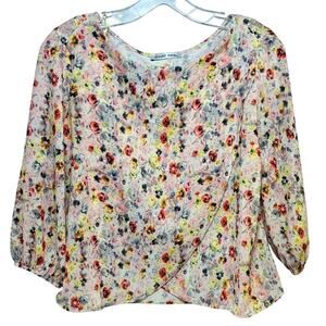 Zara Overlap Pullover Top Blouse Floral Floral Pink Women's Small 3/4 Sleeve